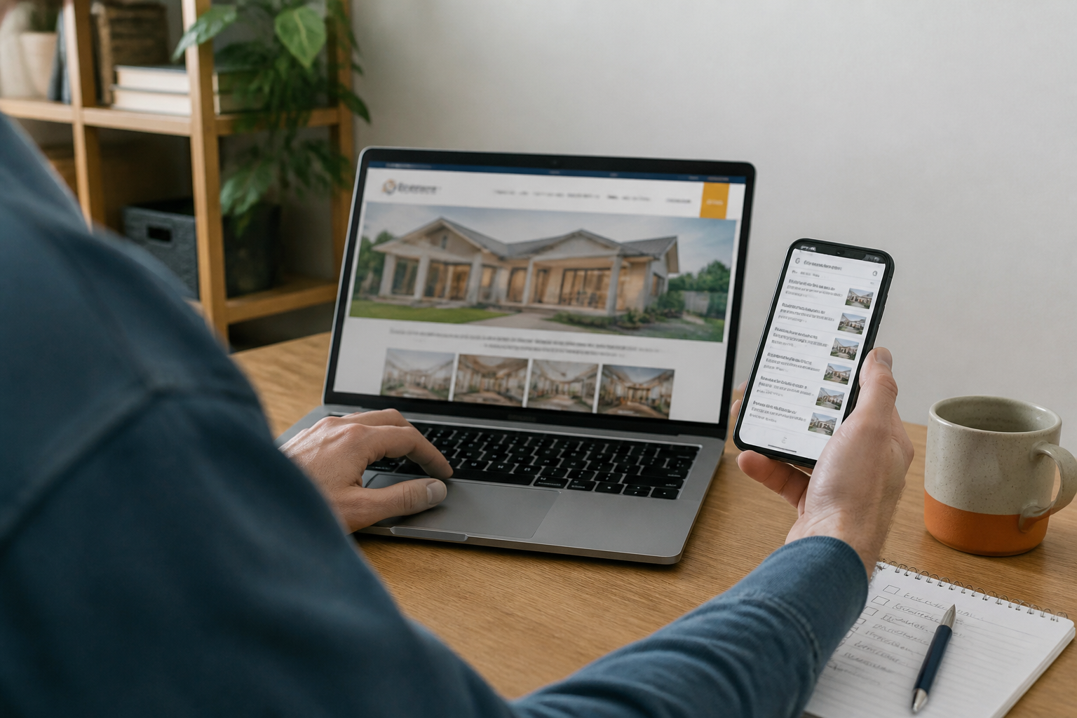 Over-the-shoulder view of a builder checking a website and search results