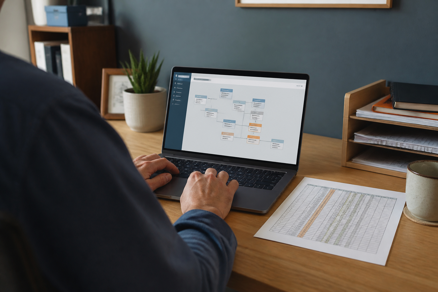Over-the-shoulder view of a spreadsheet and an organised construction workflow